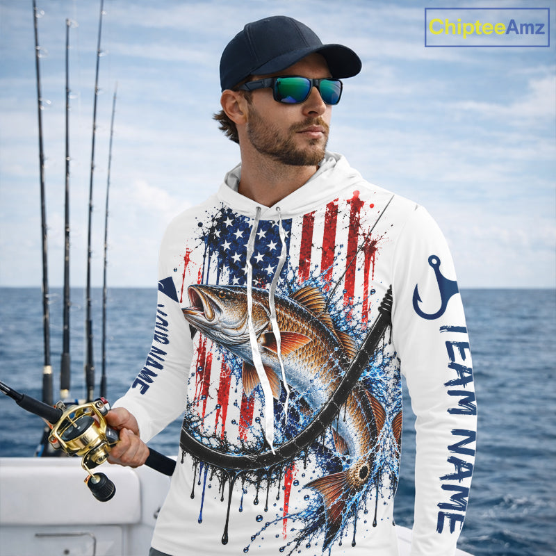 Custom Redfish Fishing Shirt Splatter US Flag Marlin Fishing Long Sleeve Performance Fishing Jersey NYN4878