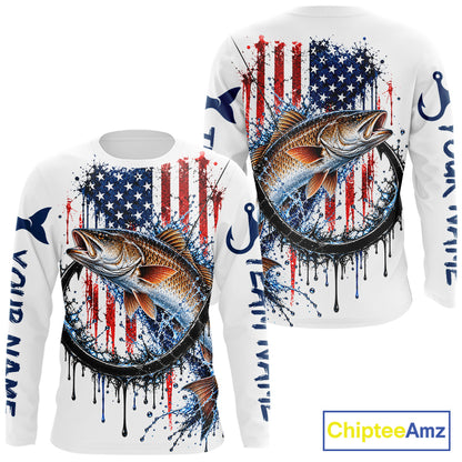 Custom Redfish Fishing Shirt Splatter US Flag Marlin Fishing Long Sleeve Performance Fishing Jersey NYN4878