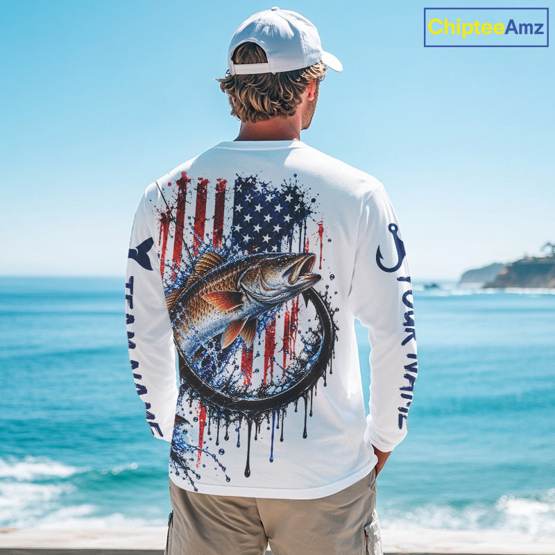 Custom Redfish Fishing Shirt Splatter US Flag Marlin Fishing Long Sleeve Performance Fishing Jersey NYN4878
