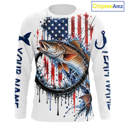 Custom Redfish Fishing Shirt Splatter US Flag Marlin Fishing Long Sleeve Performance Fishing Jersey NYN4878