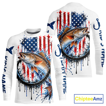Custom Redfish Fishing Shirt Splatter US Flag Marlin Fishing Long Sleeve Performance Fishing Jersey NYN4878
