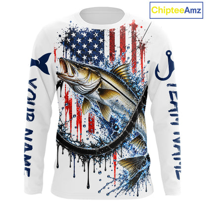 Custom Snook Fishing Shirt Splatter US Flag Marlin Fishing Long Sleeve Performance Fishing Jersey NYN4879