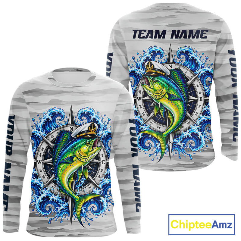 Mahi Mahi Fishing Team Shirt Custom Captain Mahi Mahi Compass Long Sleeve Camo Fishing Shirt NYN4883