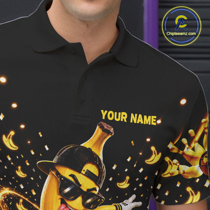 Funny Banana Bowling Polo Quarter-Zip Shirt For Men Custom Yellow Light Bowling Tournament Jersey NYN4887