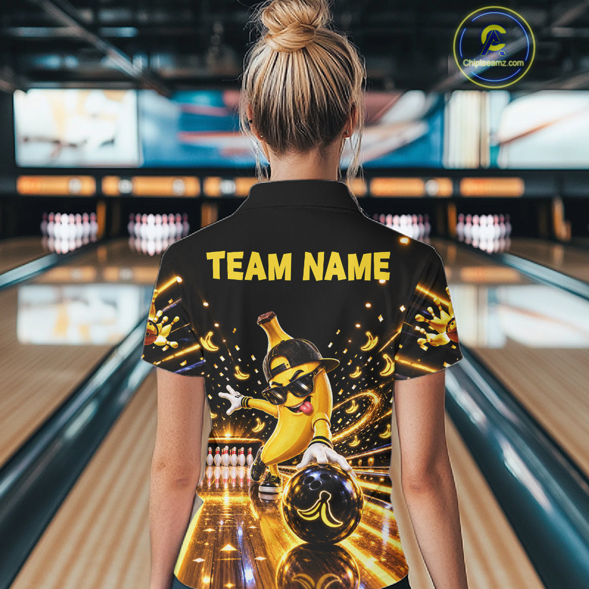 Funny Banana Bowling Polo Quarter-Zip Shirt For Women Custom Yellow Light Bowling Tournament Jersey NYN4887