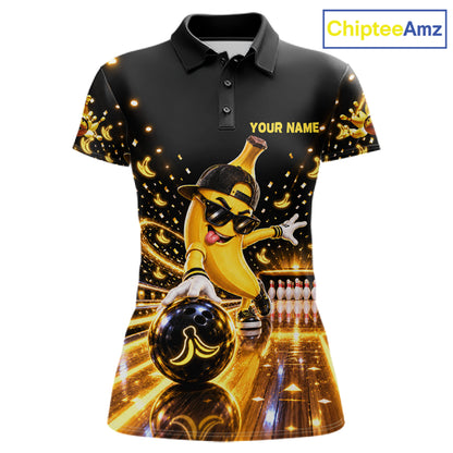 Funny Banana Bowling Polo Quarter-Zip Shirt For Women Custom Yellow Light Bowling Tournament Jersey NYN4887