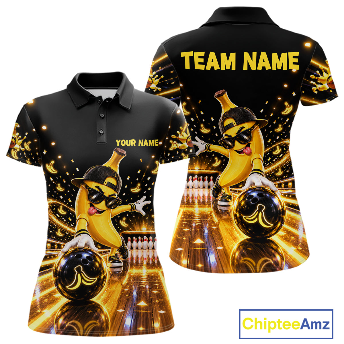 Funny Banana Bowling Polo Quarter-Zip Shirt For Women Custom Yellow Light Bowling Tournament Jersey NYN4887