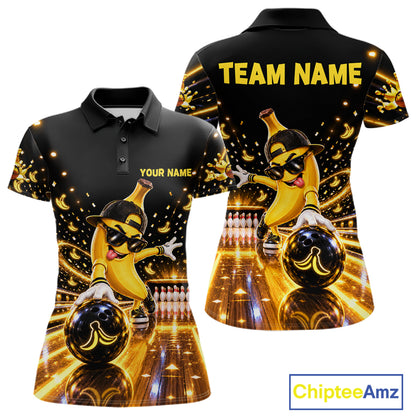 Funny Banana Bowling Polo Quarter-Zip Shirt For Women Custom Yellow Light Bowling Tournament Jersey NYN4887