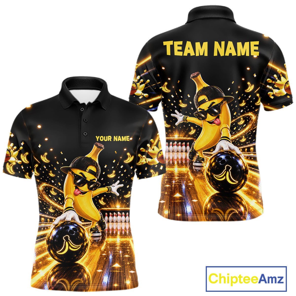Funny Banana Bowling Polo Quarter-Zip Shirt For Men Custom Yellow Light Bowling Tournament Jersey NYN4887