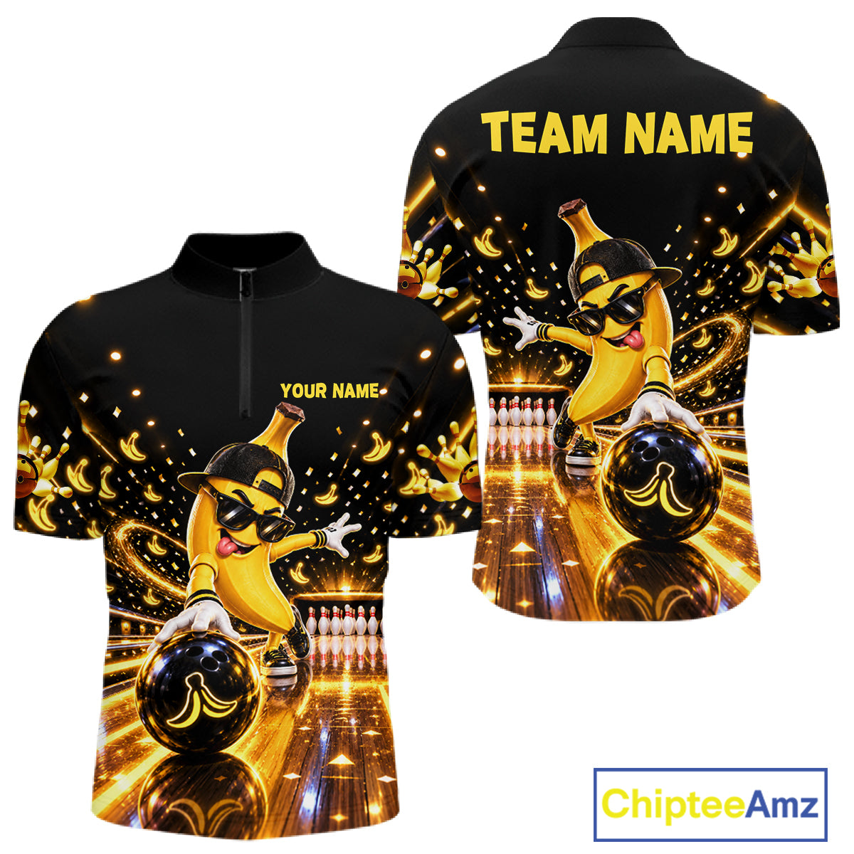 Funny Banana Bowling Polo Quarter-Zip Shirt For Men Custom Yellow Light Bowling Tournament Jersey NYN4887