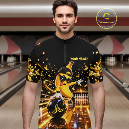 Funny Banana Bowling Polo Quarter-Zip Shirt For Men Custom Yellow Light Bowling Tournament Jersey NYN4887