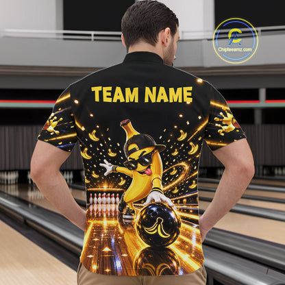 Funny Banana Bowling Polo Quarter-Zip Shirt For Men Custom Yellow Light Bowling Tournament Jersey NYN4887