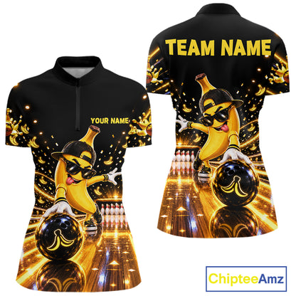 Funny Banana Bowling Polo Quarter-Zip Shirt For Women Custom Yellow Light Bowling Tournament Jersey NYN4887