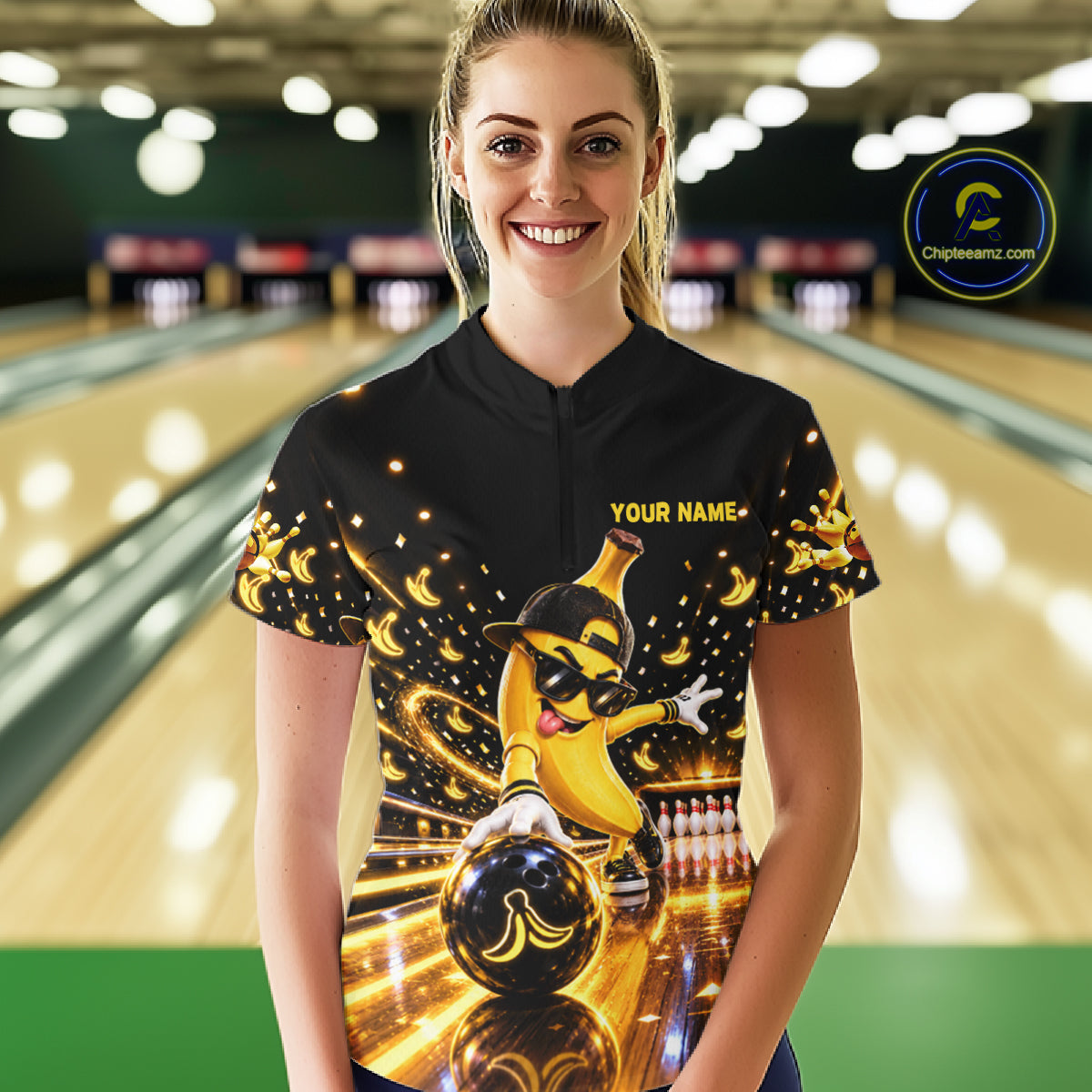 Funny Banana Bowling Polo Quarter-Zip Shirt For Women Custom Yellow Light Bowling Tournament Jersey NYN4887