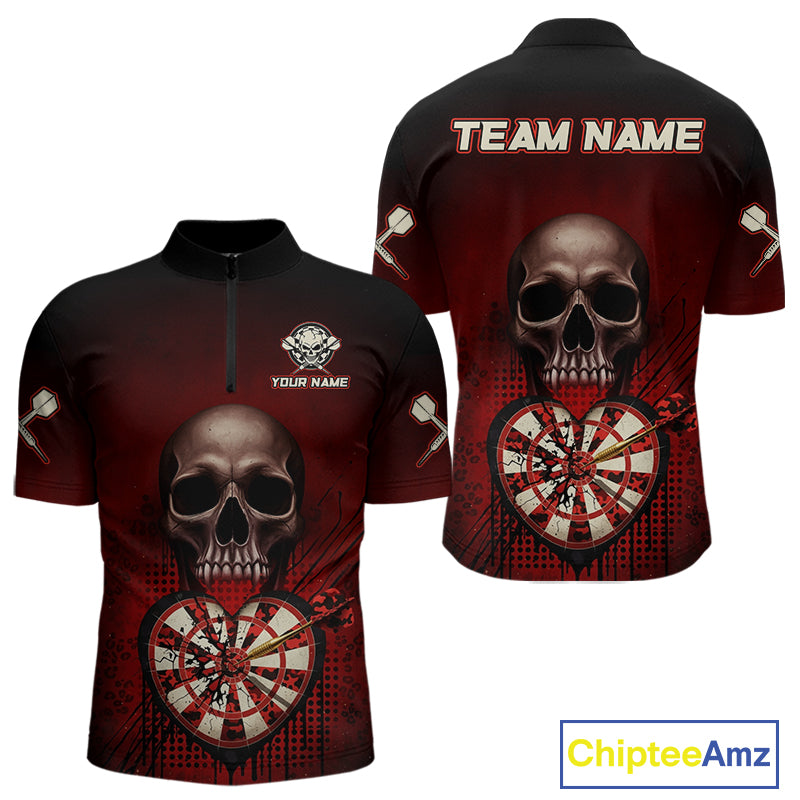 Black And Red Skull Camo Heart Dartboard Darts Quarter-Zip Shirt For Men Grunge Dart Jerseys NYN1962