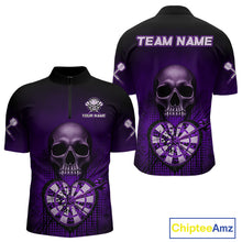 Load image into Gallery viewer, Black And Purple Skull Camo Heart Dartboard Darts Quarter-Zip Shirt For Men Grunge Dart Jerseys NYN1963