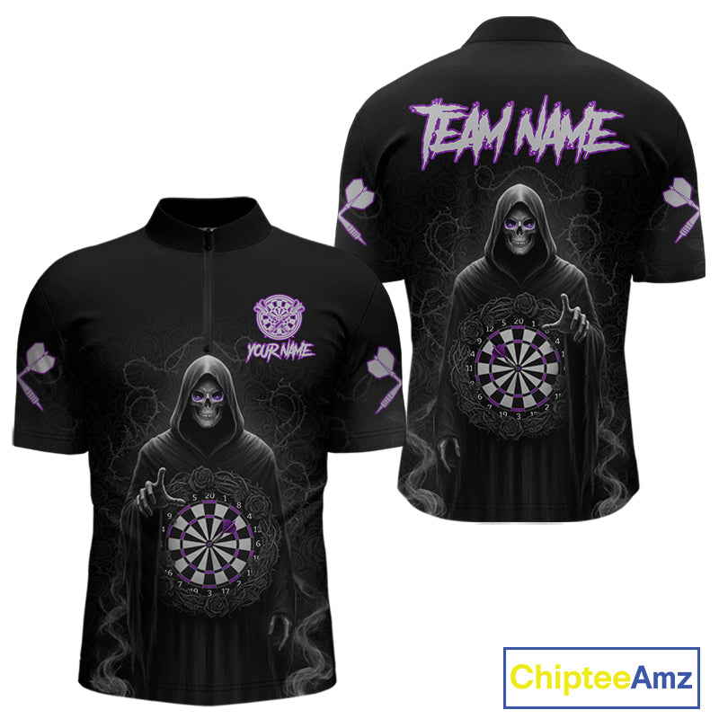 Custom Roses Dartboard Purple Grim Reaper Men Darts Quarter-Zip Shirt Darts Jersey NYN1972