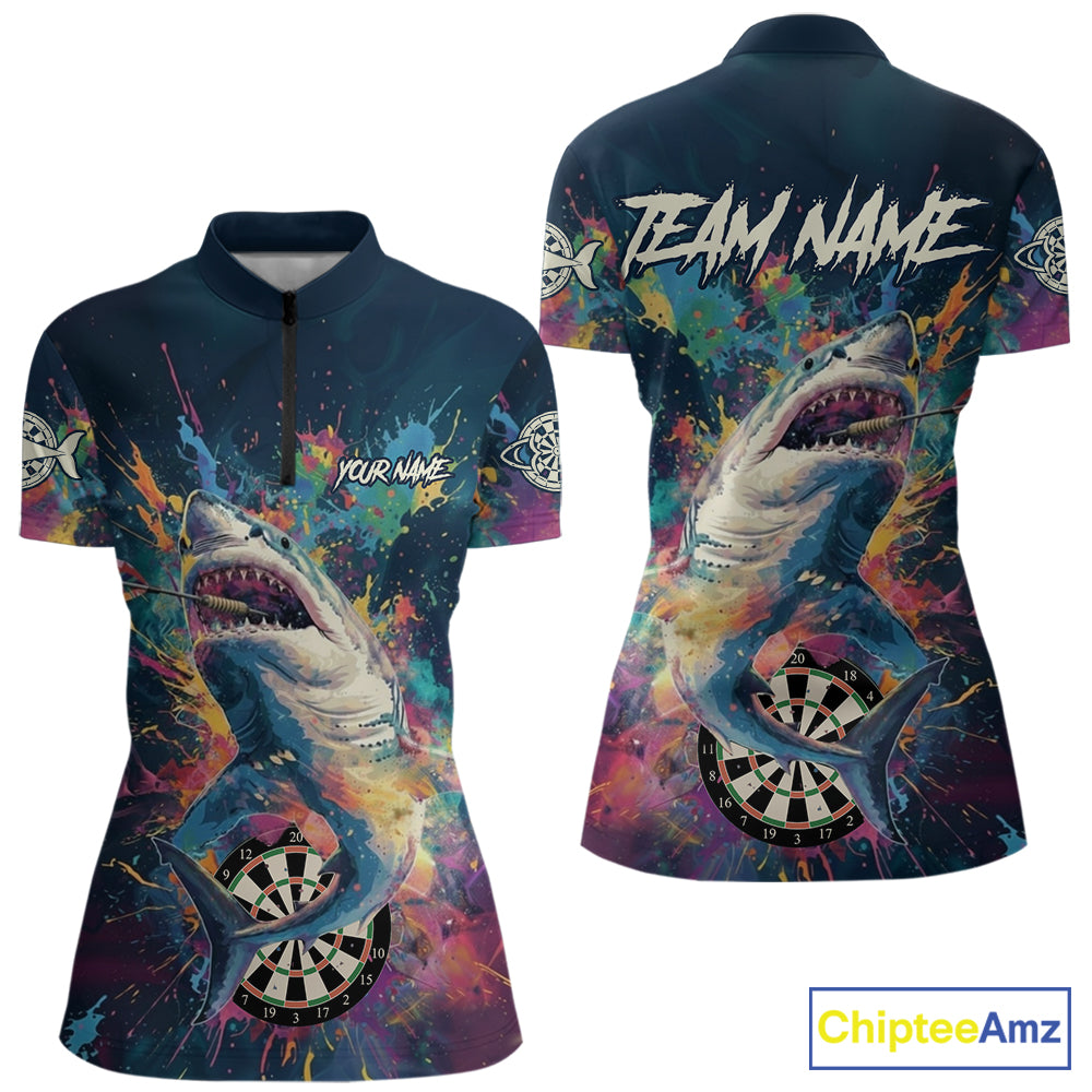 Personalized Multi-Color Splatter Funny Shark Women Darts Quarter-Zip League Shirts Dart Jerseys NYN2217