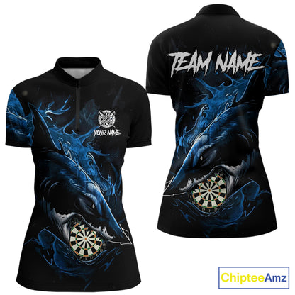 Personalized Blue Horror Shark Women Darts Quarter-Zip League Shirts Funny Grunge Dart Jerseys NYN2218