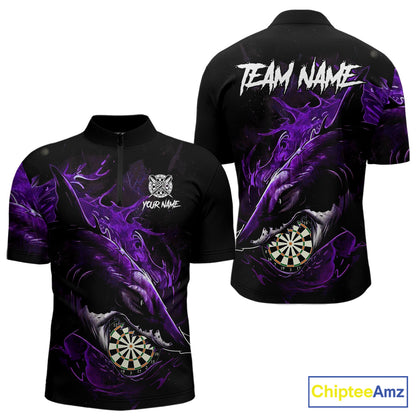 Personalized Purple Horror Shark Men Darts Quarter-Zip League Shirts Funny Grunge Dart Jerseys NYN2220