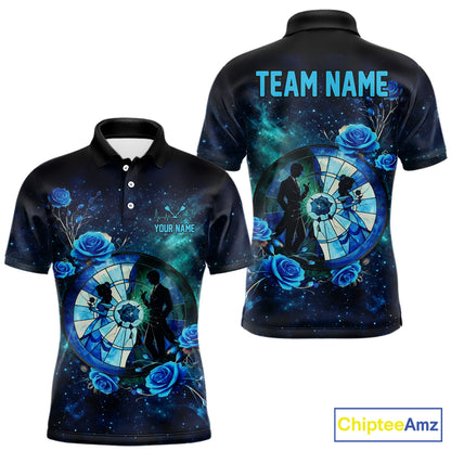 Blue Galaxy Roses Groom & Bride Dartboard Men Darts Polo Shirt Custom Valentine Dart Couple Gifts NYN2516
