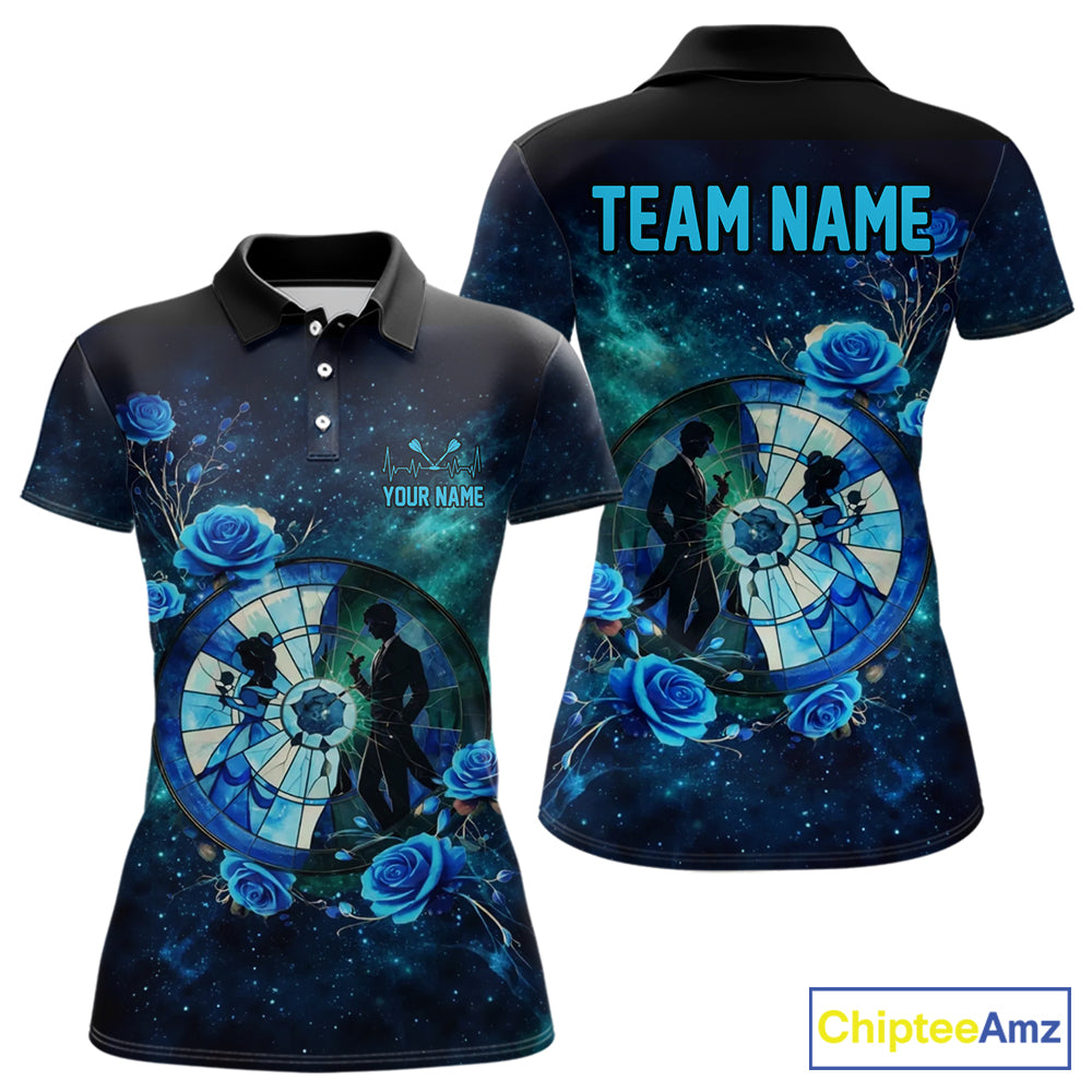 Blue Galaxy Roses Groom & Bride Dartboard Women Darts Polo Shirt Custom Valentine Dart Couple Gifts NYN2516