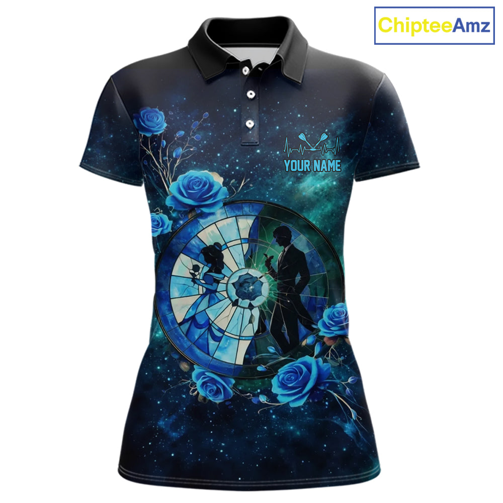 Blue Galaxy Roses Groom & Bride Dartboard Women Darts Polo Shirt Custom Valentine Dart Couple Gifts NYN2516