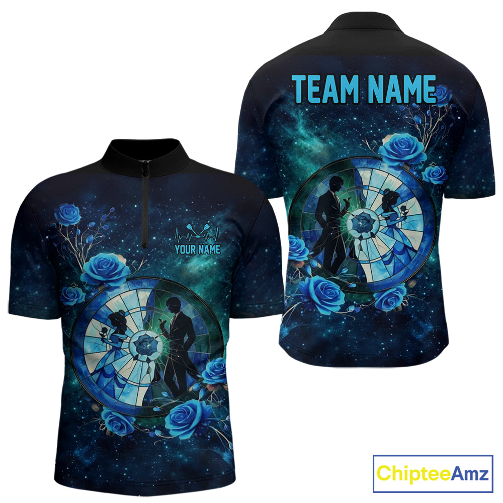 Blue Galaxy Roses Groom & Bride Dartboard Men Darts Quarter-zip Shirt Custom Valentine Dart Couple Gifts NYN2516