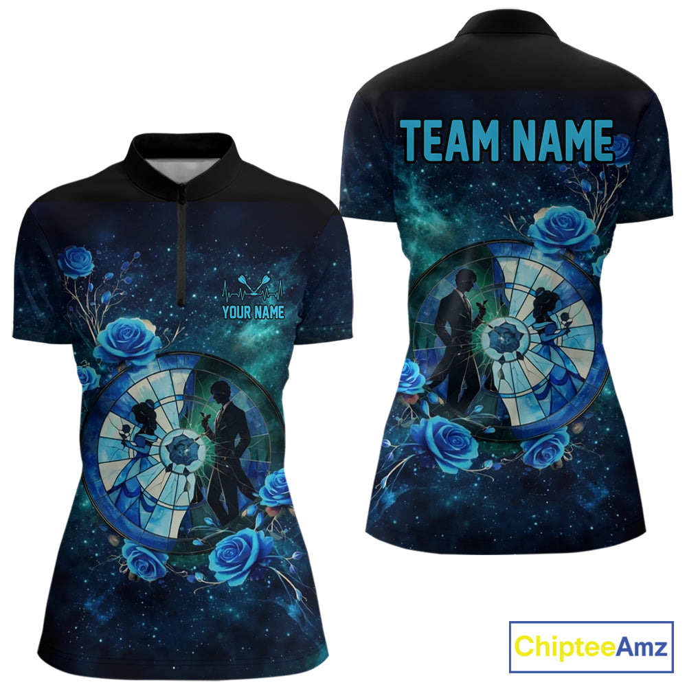 Blue Galaxy Roses Groom & Bride Dartboard Women Darts Quarter-zip Shirt Custom Valentine Dart Couple Gifts NYN2516