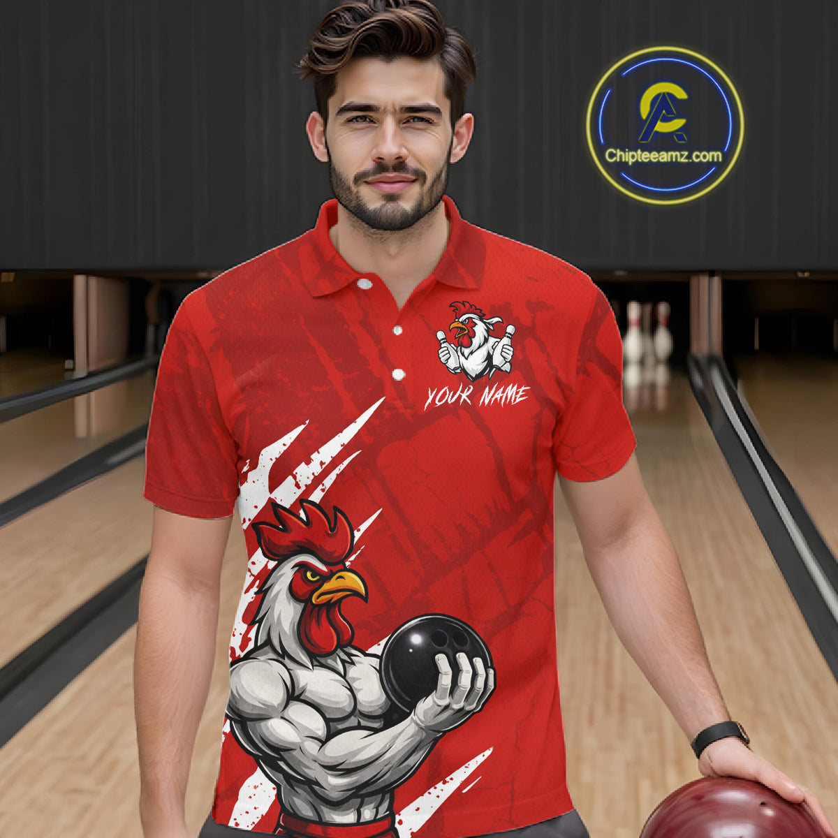 Custom White And Red Funny Rooster Bowling Polo & 1/4-Zip Team Shirts For Men Bowling Gifts NYN2721