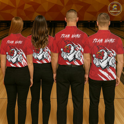 Custom White And Red Funny Rooster Bowling Polo & 1/4-Zip Team Shirts For Men Bowling Gifts NYN2721