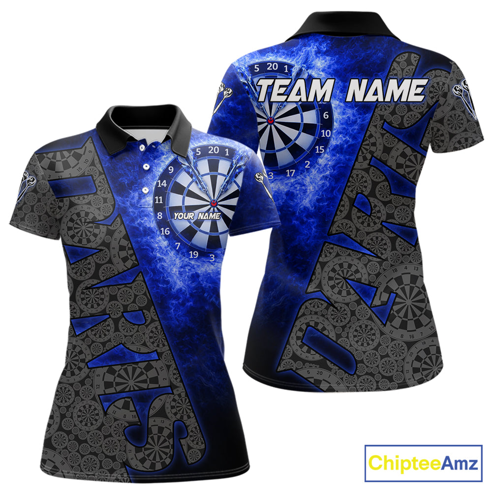 Custom Womens Dart Polo & Quarter Zip Shirt Pattern Dartboard Blue Flames Darts Team Jersey NYN2867