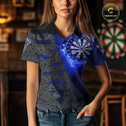 Custom Womens Dart Polo & Quarter Zip Shirt Pattern Dartboard Blue Flames Darts Team Jersey NYN2867