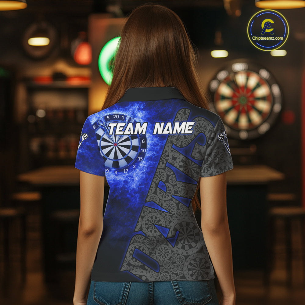 Custom Womens Dart Polo & Quarter Zip Shirt Pattern Dartboard Blue Flames Darts Team Jersey NYN2867
