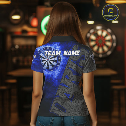 Custom Womens Dart Polo & Quarter Zip Shirt Pattern Dartboard Blue Flames Darts Team Jersey NYN2867