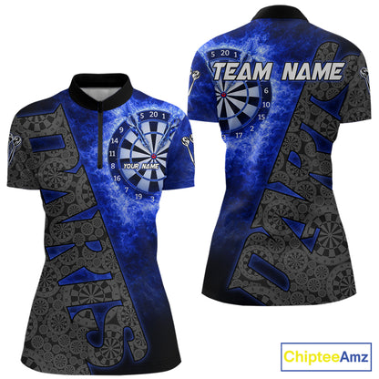 Custom Womens Dart Polo & Quarter Zip Shirt Pattern Dartboard Blue Flames Darts Team Jersey NYN2867