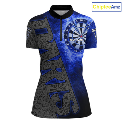 Custom Womens Dart Polo & Quarter Zip Shirt Pattern Dartboard Blue Flames Darts Team Jersey NYN2867