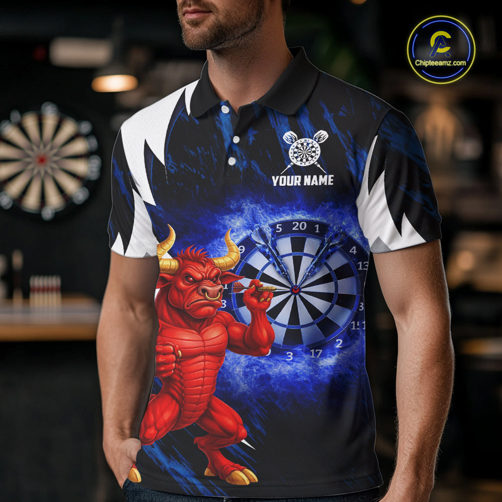 Personalized Blue Dartboard Flame Dart Polo & Quarter Zip Shirt Funny Bull Darts Attire For Men NYN2870