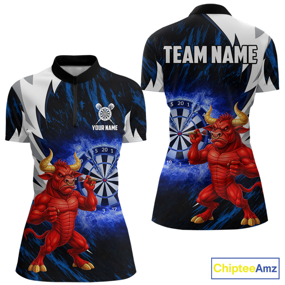 Personalized Blue Dartboard Flame Dart Polo & Quarter Zip Shirt Funny Bull Darts Attire For Women NYN2870
