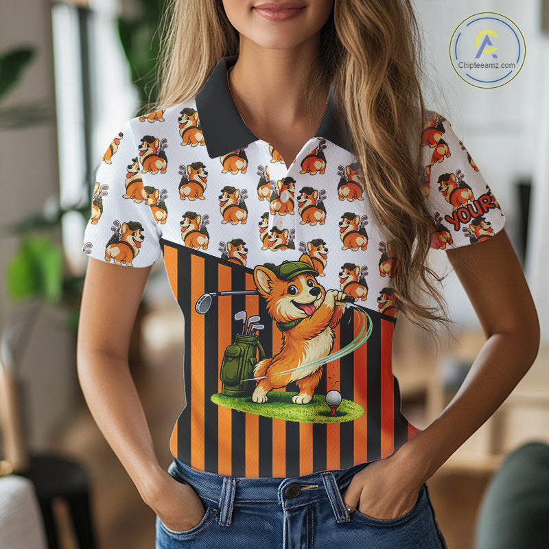 Funny Women Cute Dog Pattern Golf Polo Shirt Custom Orange Golfing Dog Golf Clothes Attire NYN2874