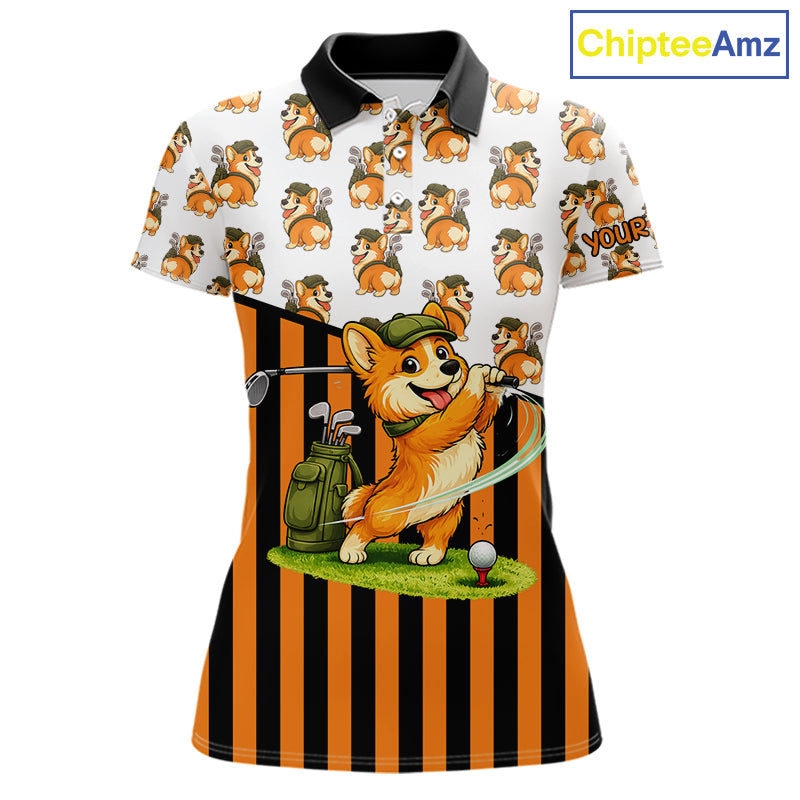 Funny Women Cute Dog Pattern Golf Polo Shirt Custom Orange Golfing Dog Golf Clothes Attire NYN2874