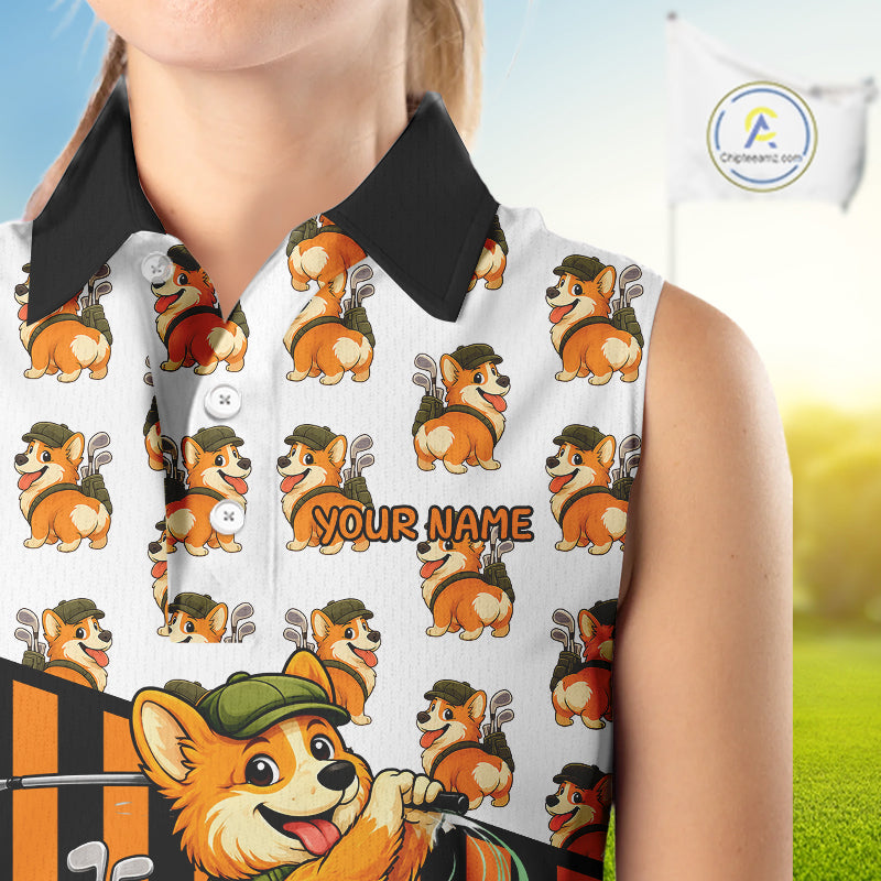 Funny Mens Cute Dog Pattern Golf Sleeveless Polo Shirt Custom Orange Golfing Dog Golf Clothes Attire NYN2874