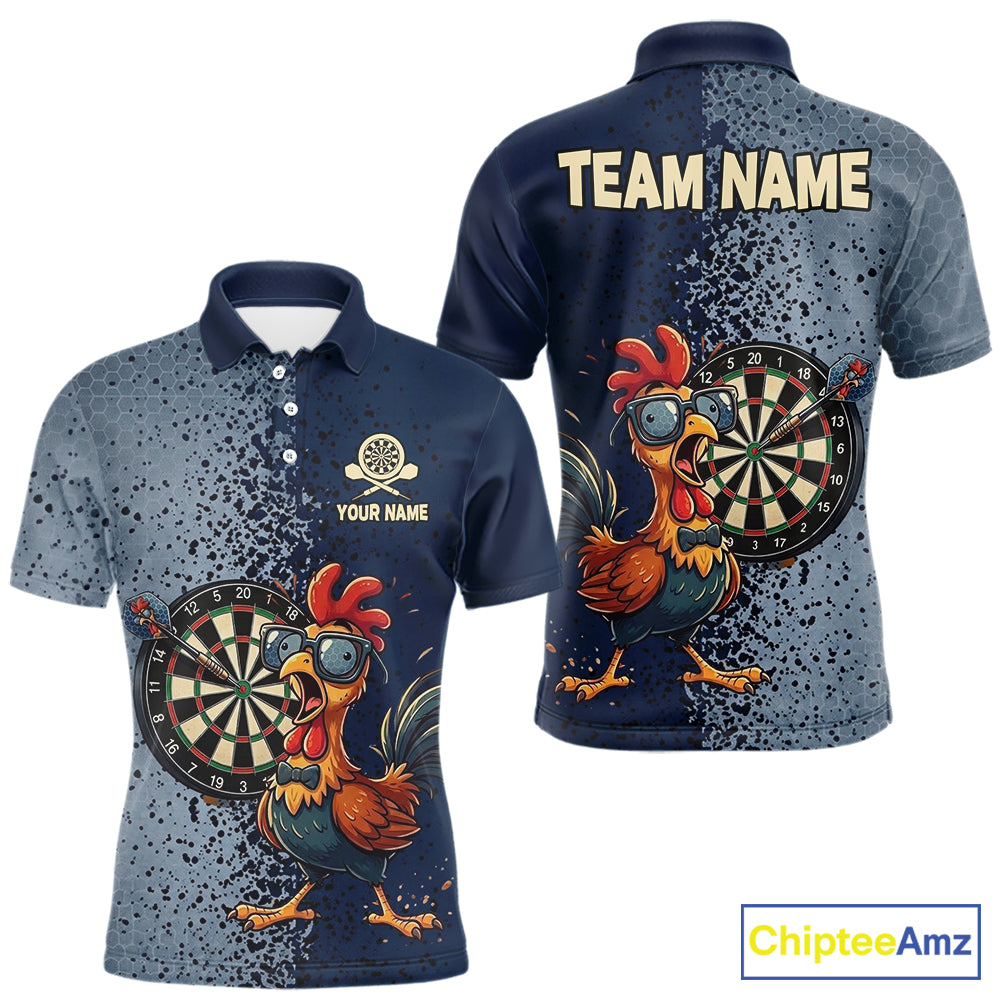 Blue Hexagon Splatter Funny Rooster Darts Polo & 1/4-Zip Shirt Custom Dart Jersey For Men NYN3082