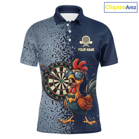 Blue Hexagon Splatter Funny Rooster Darts Polo & 1/4-Zip Shirt Custom Dart Jersey For Men NYN3082