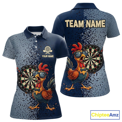 Blue Hexagon Splatter Funny Rooster Darts Polo & 1/4-Zip Shirt Custom Dart Jersey For Women NYN3082
