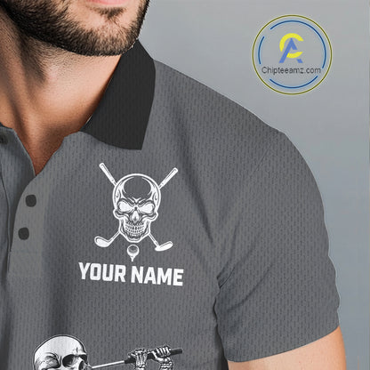 Men's model wearing Grey Skeleton Golf Polo Shirt, personalized skull golf apparel, Halloween golf outfit, custom golf team polo, gothic golf fashion, performance golf clothing.