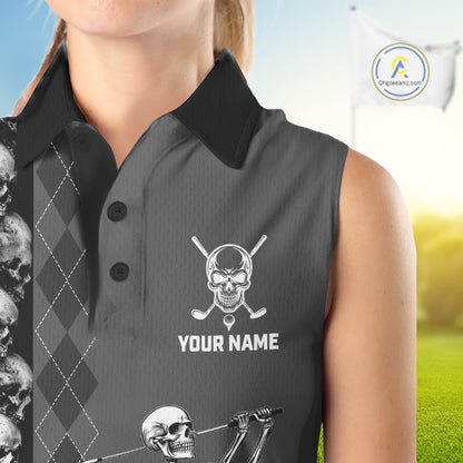 Women's model wearing Grey Skeleton Golf Polo Shirt, oversized skull golf apparel, Halloween golf fashion, matching golf team outfit, personalized golf clothing.