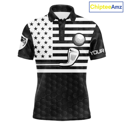 Black White Skull US Flag Men's Golf Polo Shirt mockup, personalized patriotic golf shirt, skull American flag golf apparel, custom golf jersey, performance polo, Memorial Day and Independence Day golf clothing.