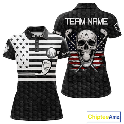 Black and White Skull US Flag Women's Golf Polo Shirt mockup featuring patriotic skull design, personalized women's golf apparel, American flag golf polo, custom golf team shirt, Memorial Day and Independence Day golf clothing.