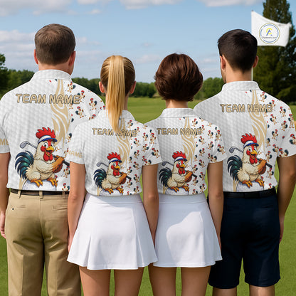Golf team wearing Funny Rooster Golf Polo Shirts, custom golf club apparel, rooster mascot team uniforms, humorous golf tournament shirts, personalized golf jerseys.